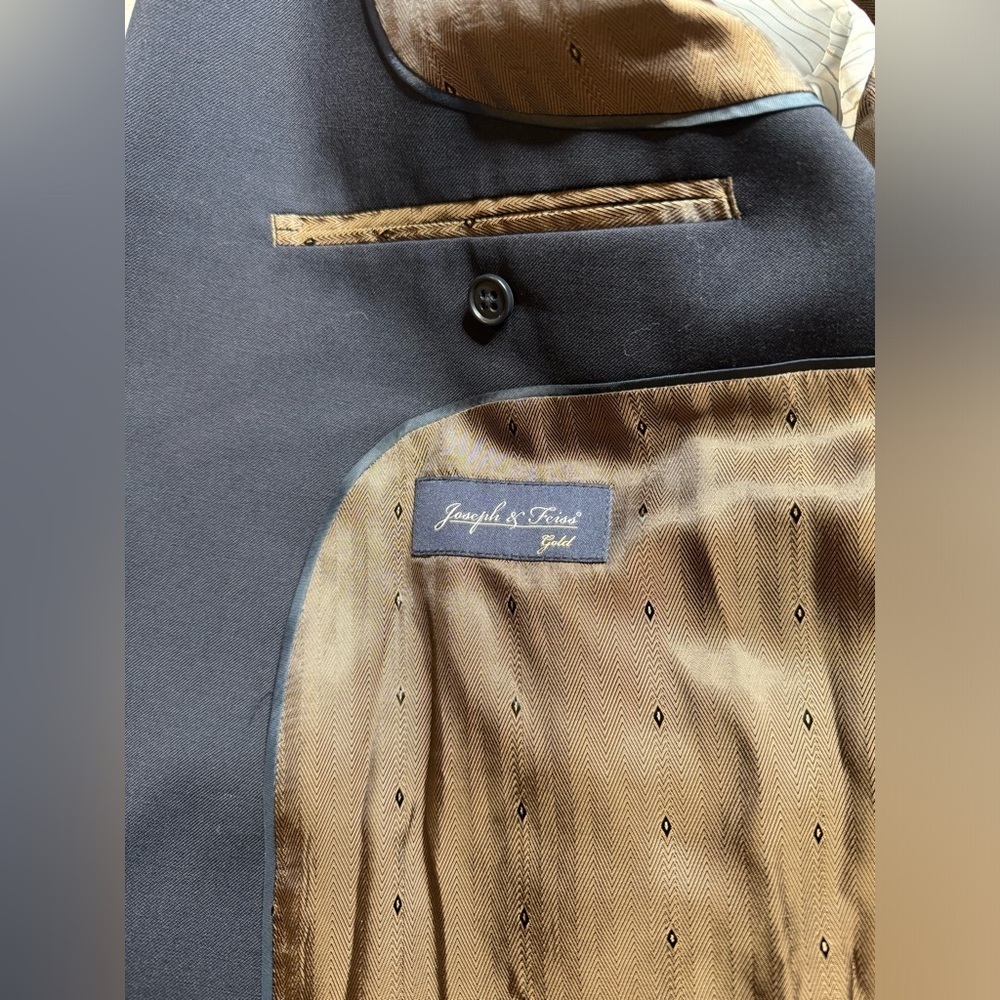Joseph & Feiss Gold 54R Navy Blue 100% Wool Gold Button Blazer Jacket Sport Coat - Picture 10 of 11
